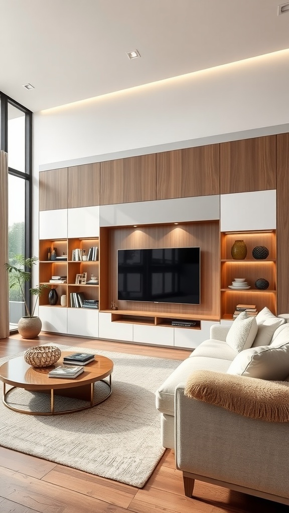 A modern living room featuring recessed wall storage with shelves and cabinets, a large TV, and a cozy seating area.