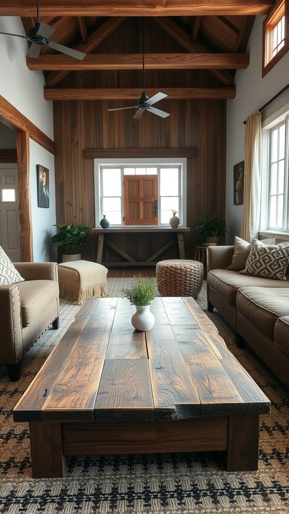 A cozy farmhouse living room featuring a reclaimed wood coffee table, with rustic decor and natural light.