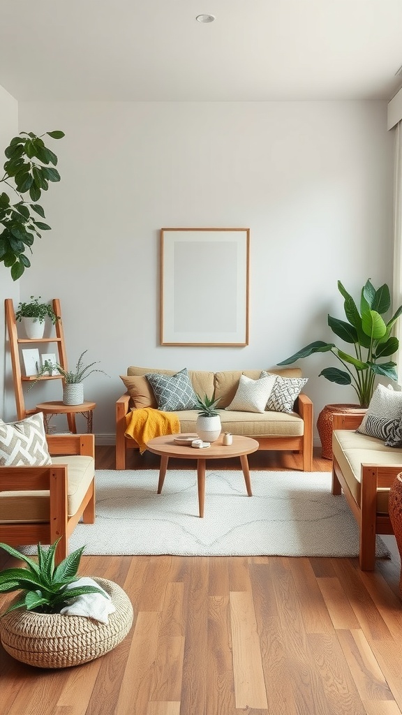 Cozy living room with reclaimed wood furniture and green plants.