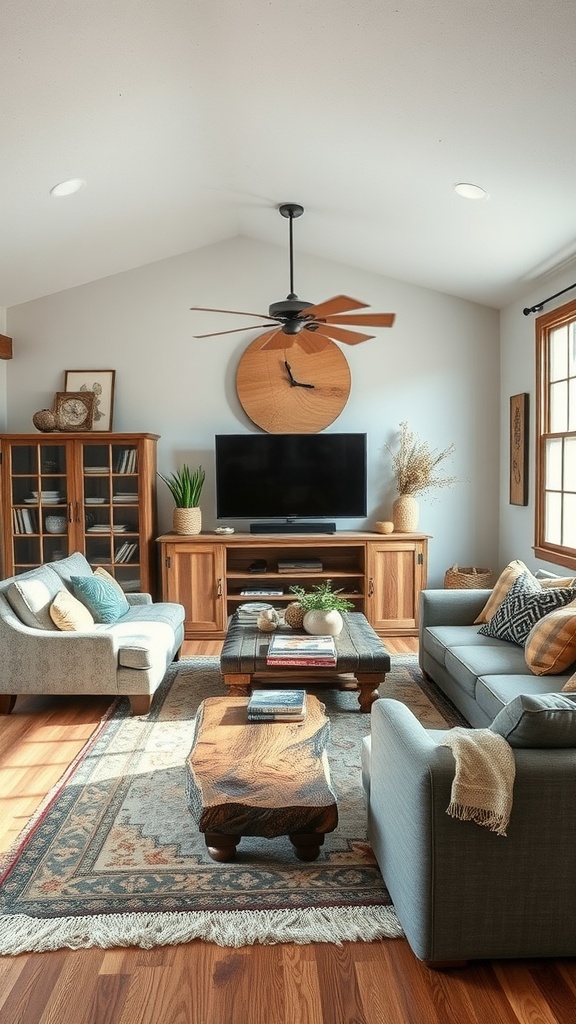 A modern rustic living room featuring reclaimed wood furniture, including a coffee table and TV stand, with a cozy seating arrangement.