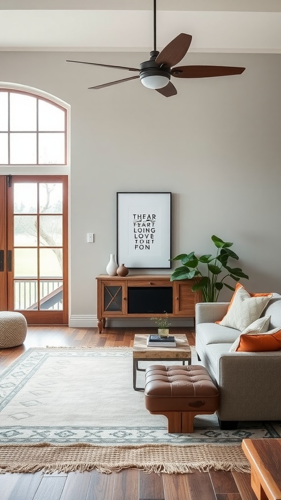 A cozy living room featuring reclaimed wood furniture, a large window, and a potted plant.