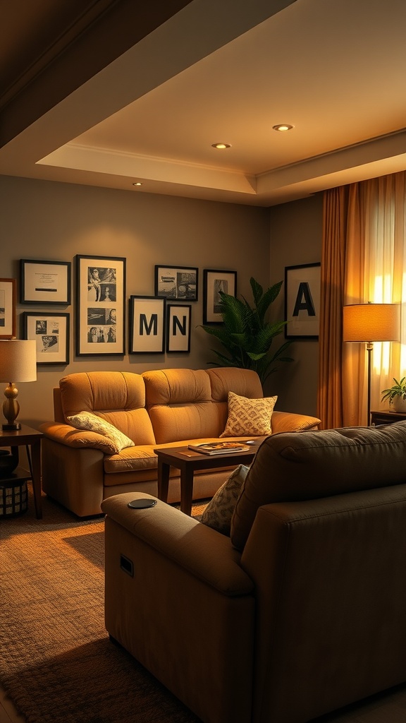 Cozy living room featuring a tan reclining sofa, matching armchair, and warm lighting.