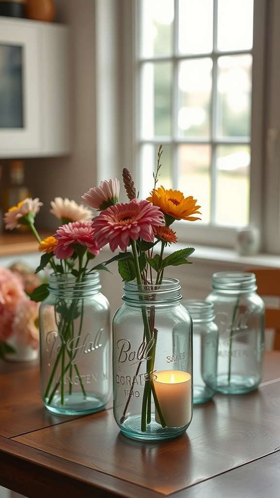 A kitchen table centerpiece featuring recycled jars with flowers and a candle.