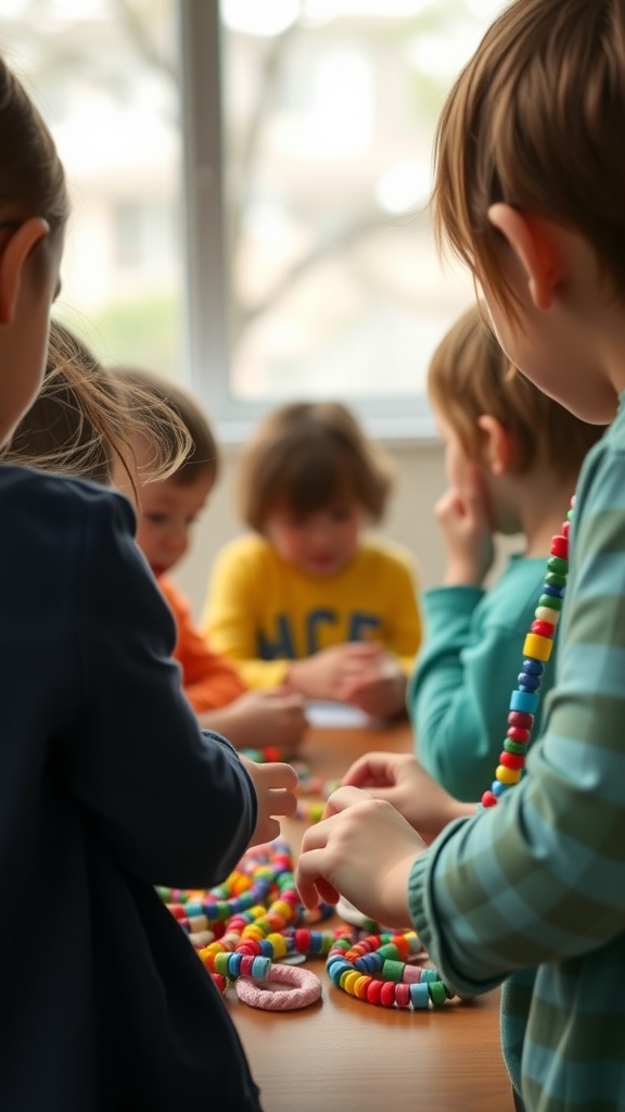 Children making recycled paper beads at a table.