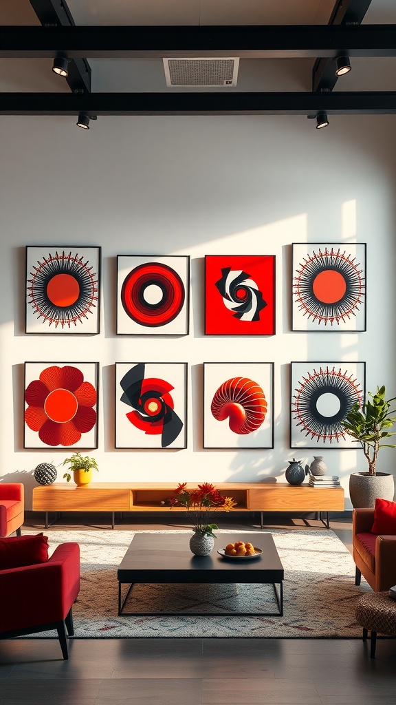 Living room featuring a red and black artwork display on a light wall with stylish furniture