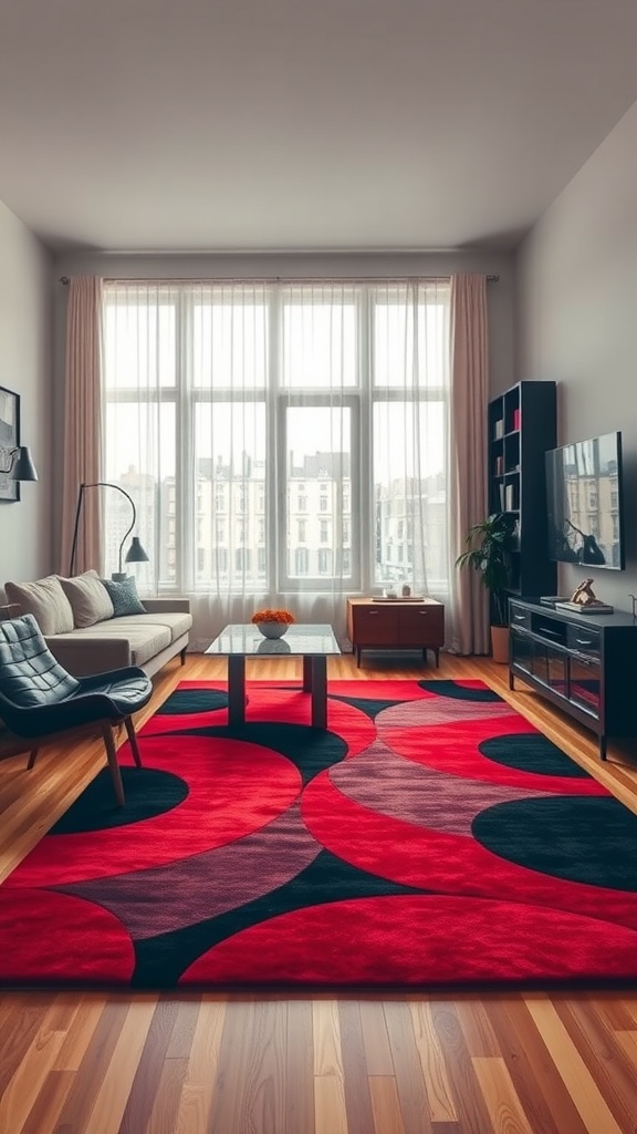 Living room featuring a red and black geometric rug, with modern furniture and large windows.