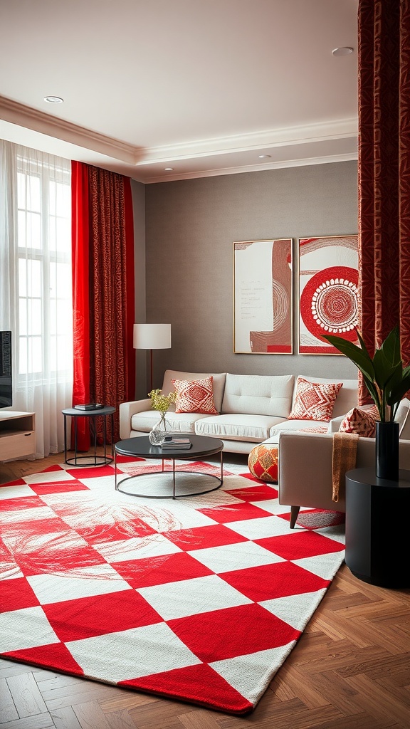 A beautifully designed living room featuring a red and white geometric patterned rug, red curtains, and stylish decor.