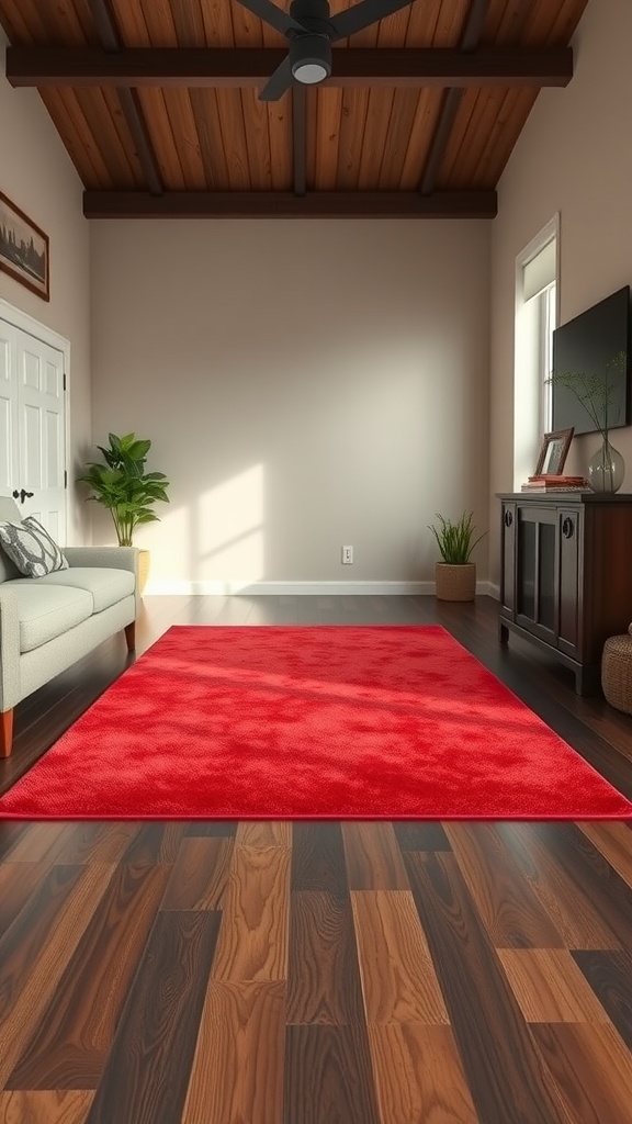 A bright red area rug placed on dark wood floors in a cozy living room setting.