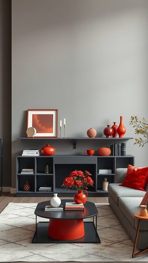 Living room with grey walls and red decorative accents including vases and flowers