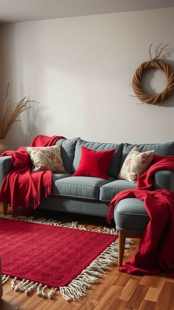 A cozy living room featuring a blue sofa with red throw blankets and cushions, complemented by a red rug and a natural wreath on the wall.