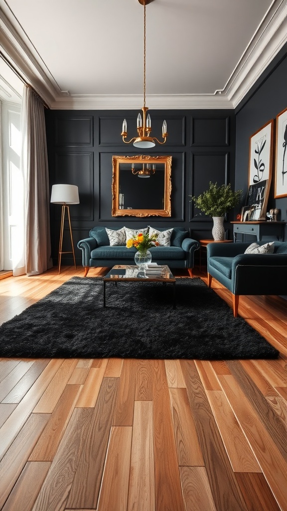 A stylish living room featuring a refined black area rug, deep green sofas, a gold chandelier, and warm wooden floors.