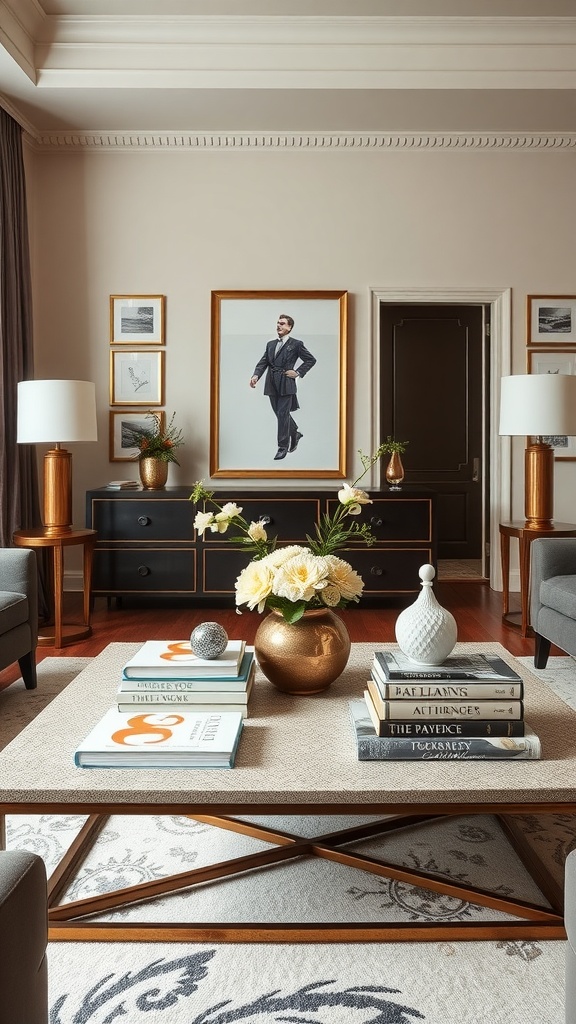 A refined living room featuring a stylish coffee table with decorative accessories.