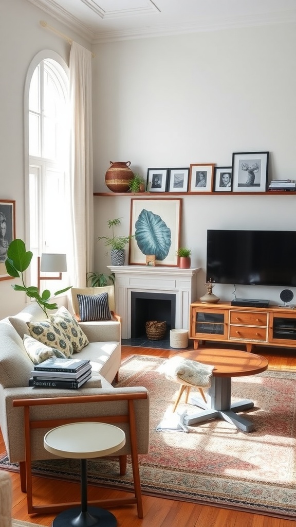 A modern boho living room featuring natural materials, plants, and personal artwork.