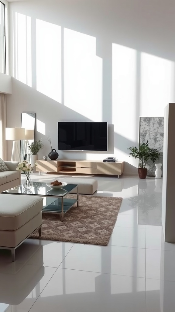 A modern living room with large windows allowing natural light, featuring reflective surfaces like a glass coffee table and shiny floor.