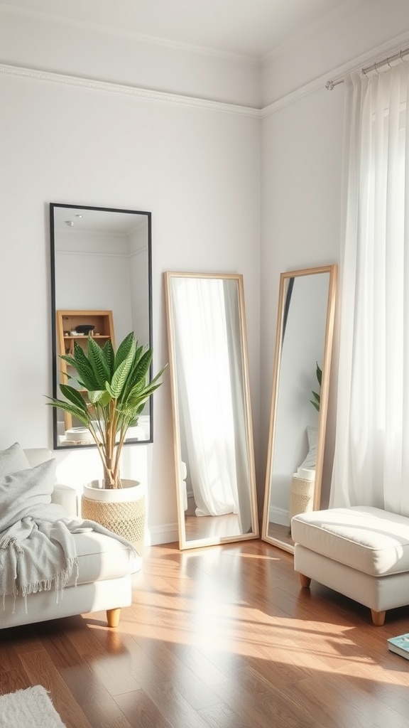 A cozy living room featuring three mirrors, plants, and soft furniture.