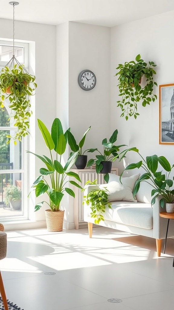 Bright living room filled with various indoor plants, including a hanging planter, large leafy plants, and a cozy sofa.