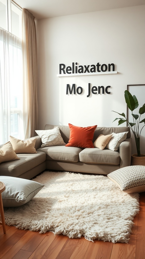 Cozy living room corner with cushions and a plush rug