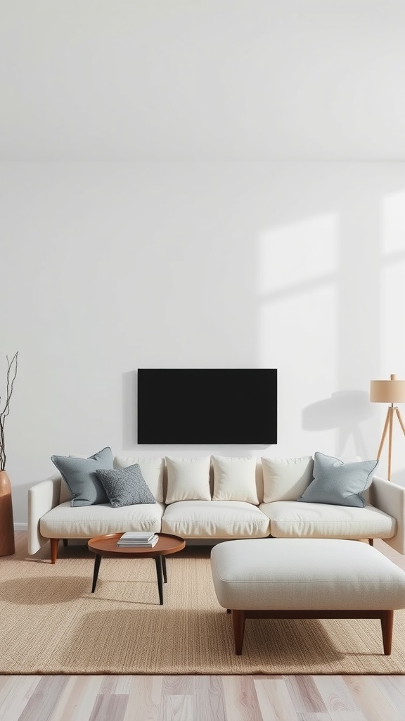 A minimalistic bohemian living room with a neutral color palette, featuring a plush sofa, textured pillows, a sleek coffee table, and natural decorative elements.