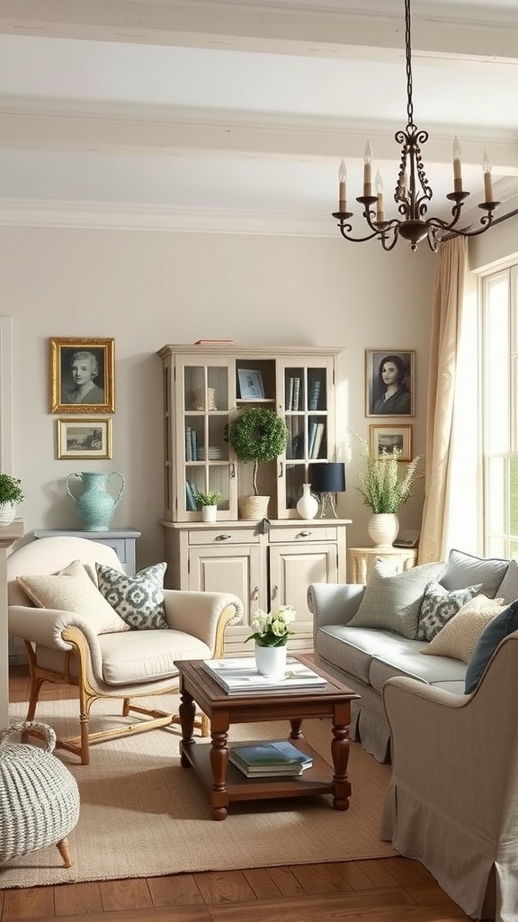 A cozy French country living room with soft colors and inviting furniture, showcasing a relaxed atmosphere.