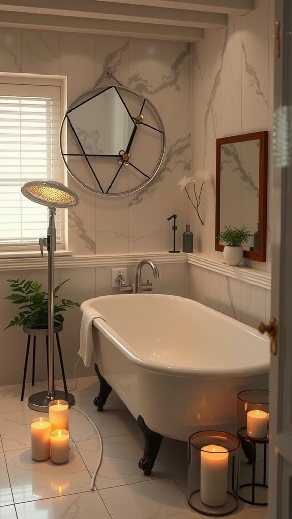 A cozy bathroom with a freestanding bathtub, candles, and a plant, creating an inviting atmosphere.