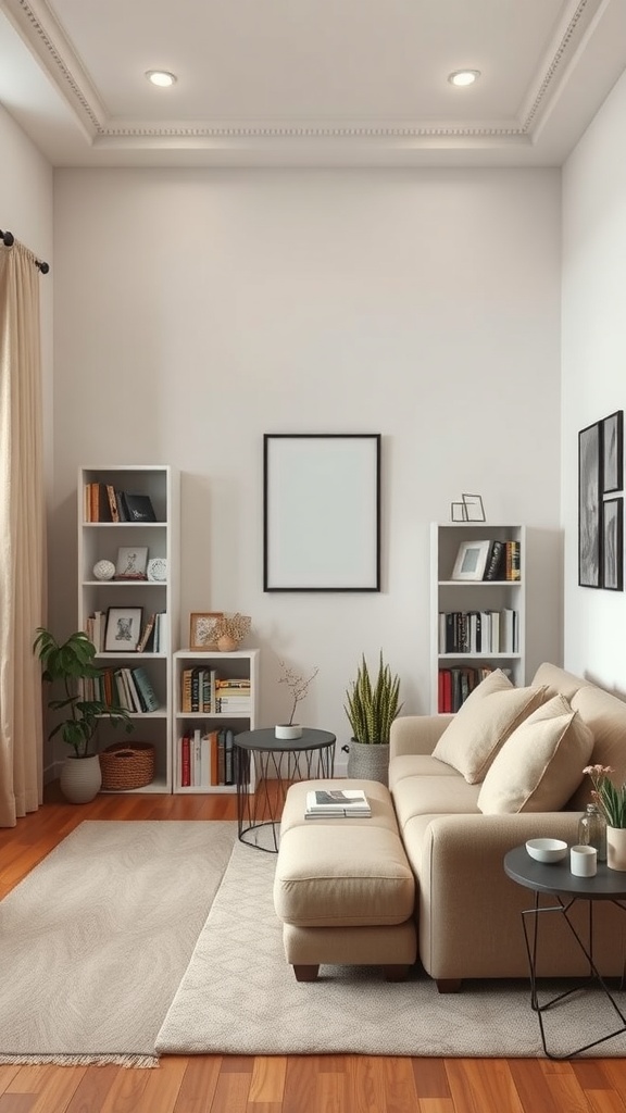 A cozy beige reading nook with a couch, bookshelves, and soft lighting