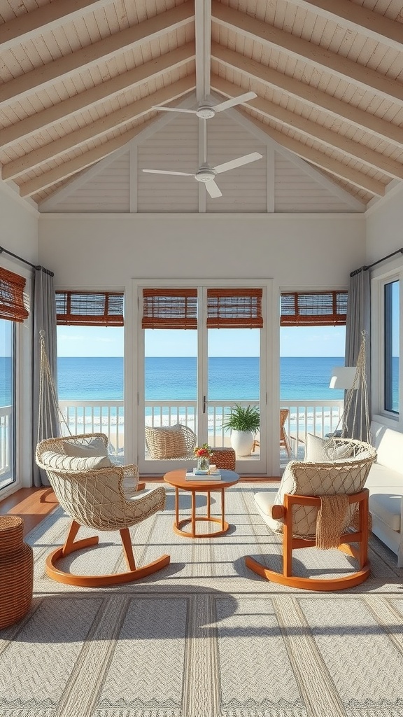 A coastal living room featuring two hammock chairs and an ocean view