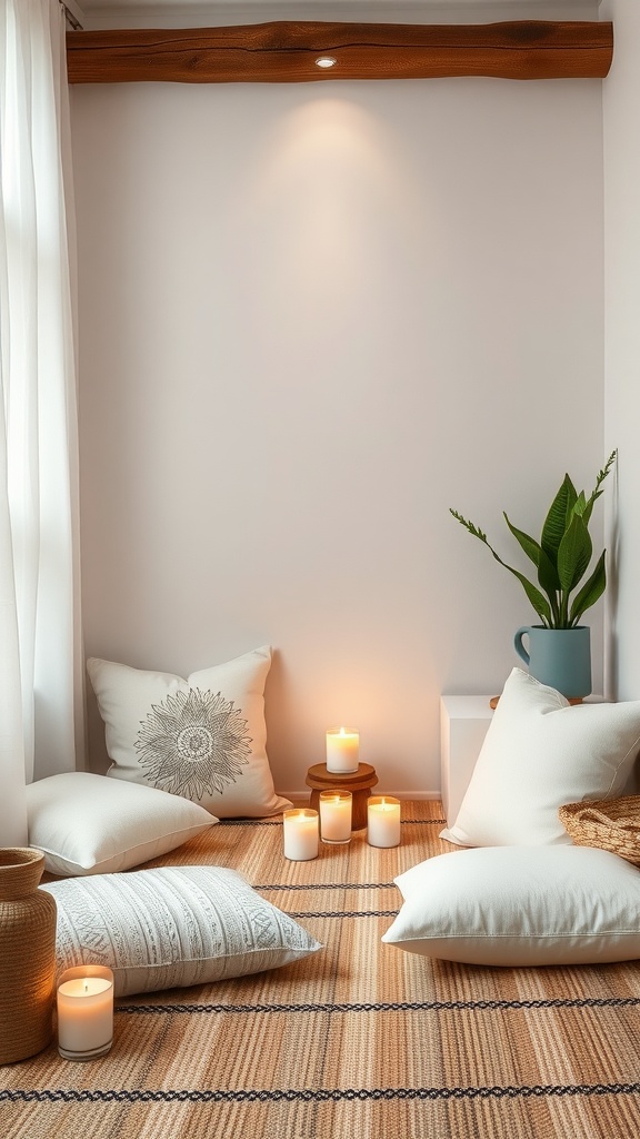 A cozy meditation corner featuring cushions, candles, a plant, and warm lighting.