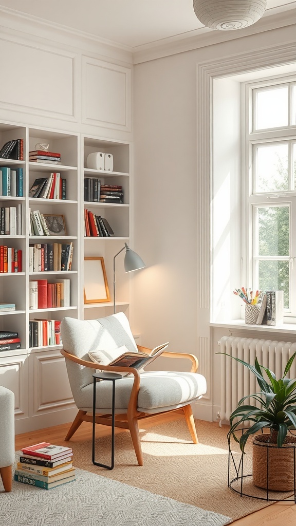 A cozy reading nook featuring a light-colored armchair, a small side table with books, a built-in bookshelf, and a potted plant.