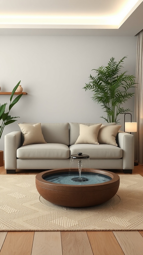 Cozy living room with a sofa, plants, and a water fountain as a centerpiece.