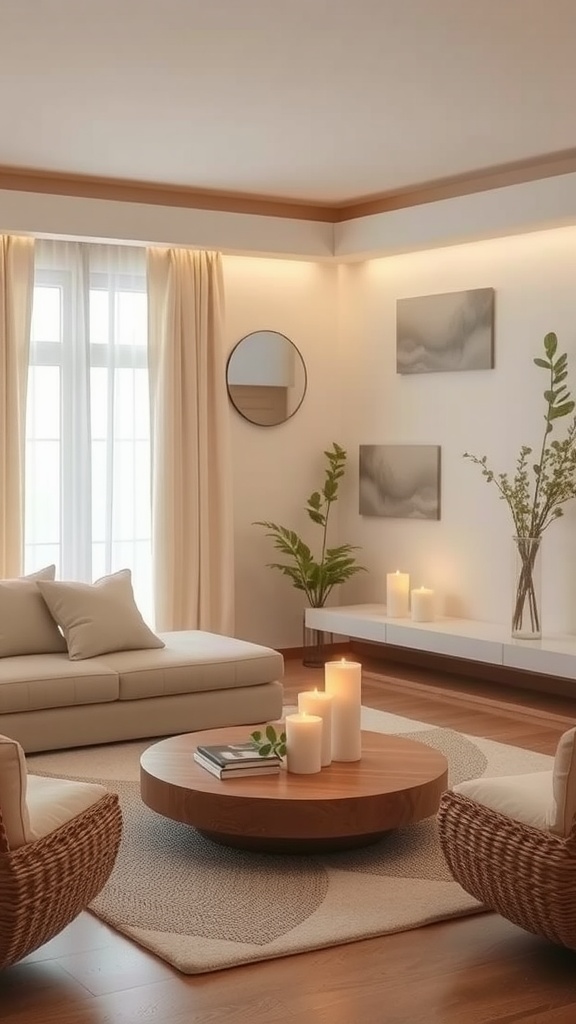 A spa-inspired living room with neutral tones, a cozy sofa, woven chairs, a round wooden coffee table, and soft lighting.