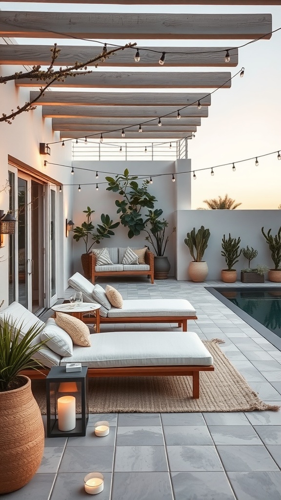 An outdoor living room featuring lounge chairs, plants, and ambient lighting.