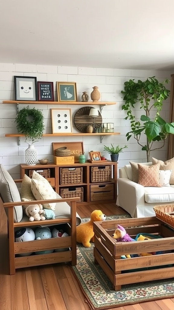 Living room with wooden crates used for toy storage, showcasing a cozy and rustic aesthetic