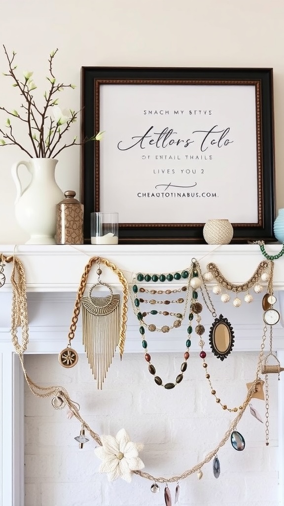 A decorative mantle featuring a garland made of vintage jewelry and a framed sign.