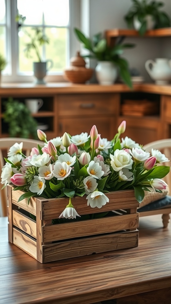 A wooden crate filled with colorful faux flowers, placed on a kitchen table.