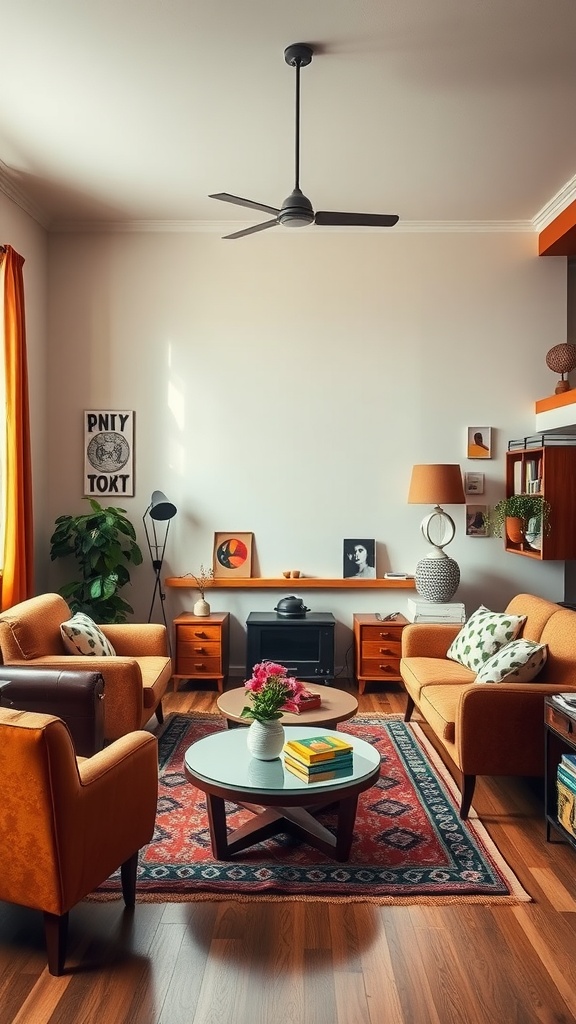 A cozy retro-inspired brown living room featuring orange sofas, a coffee table, and warm decor.