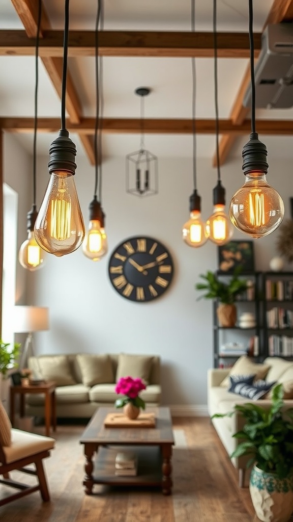 Living room featuring retro-style Edison bulbs hanging from the ceiling, with warm lighting, cozy seating, and elegant decor.