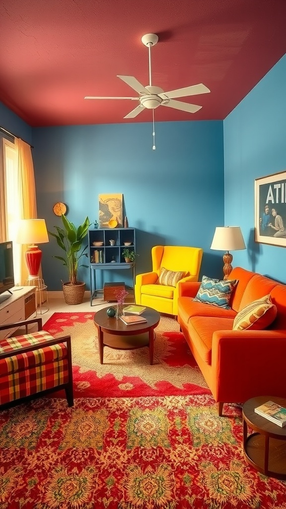 A vibrant retro living room with orange and yellow furniture, blue walls, and colorful decorative elements.