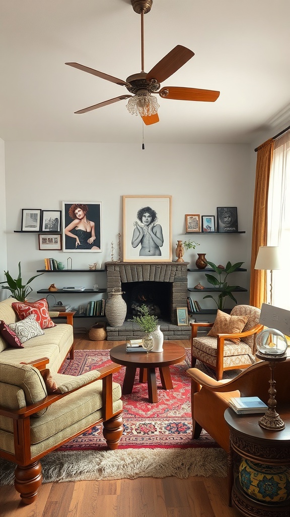 A cozy living room featuring a mix of retro and modern furniture with wall art, a fireplace, and plants.