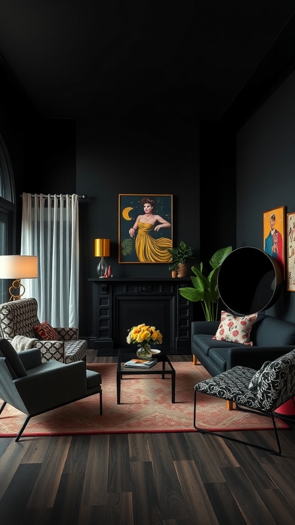 Living room with black walls, retro patterned chairs, and colorful artwork