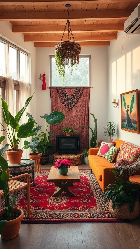 A cozy sunken living room featuring an orange couch, patterned rug, and plenty of plants, showcasing a retro bohemian style.