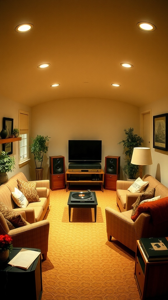 A sunken living room from the 1960s featuring two sofas, a record player, and modern entertainment equipment.