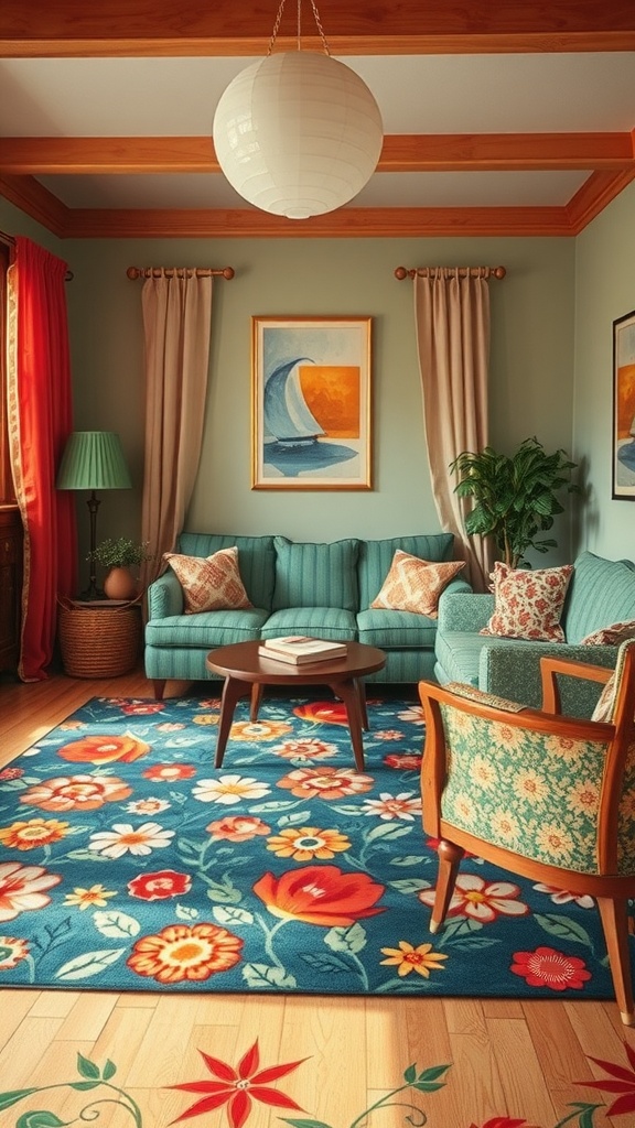 A living room featuring a colorful retro floral rug, teal sofas, and wooden accents.