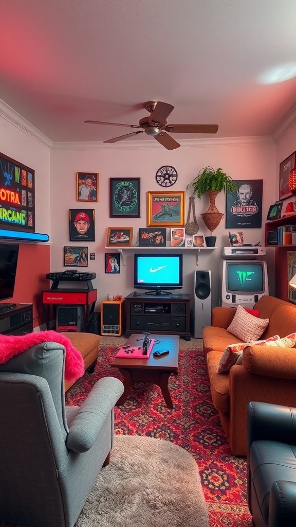 A cozy retro gaming lounge featuring a brown couch, colorful cushions, and vintage gaming decor.