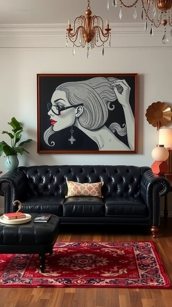 A stylish living room featuring a black leather tufted couch, vibrant artwork, and elegant decor.