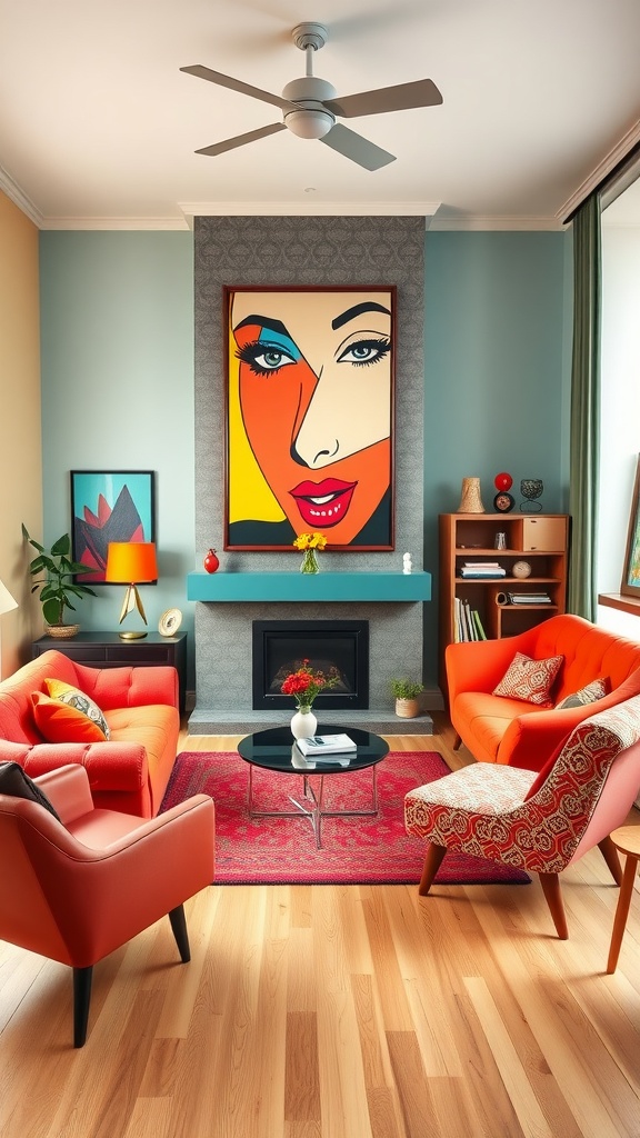 A colorful living room featuring retro pop art, bright orange sofas, and a cozy atmosphere.