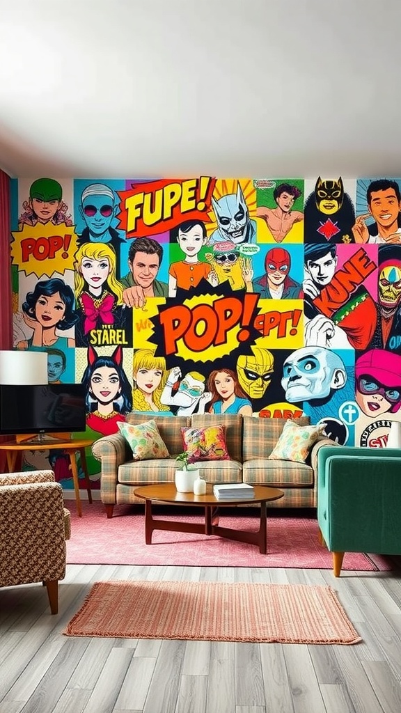 Retro pop culture themed wallpaper featuring colorful comic characters and speech bubbles.