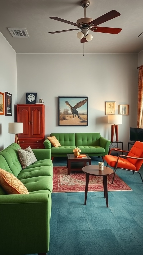 A retro living room featuring two green sofas, an orange accent chair, and vintage decor.