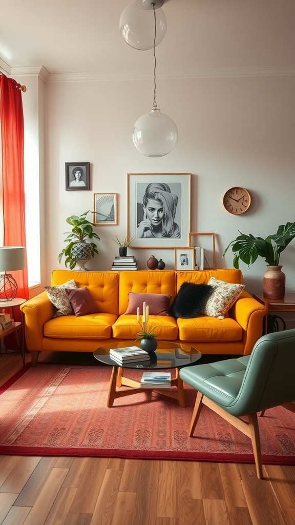 A retro-inspired living room featuring a mustard yellow sofa, green armchair, and various decorative elements.