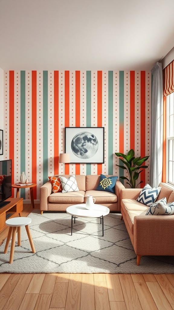 A living room featuring retro stripes and dots wallpaper in pastel and bold colors, with modern furniture and decor.