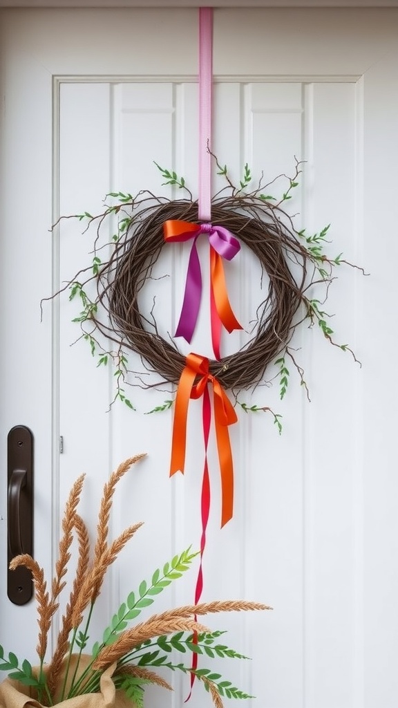 A vine wreath with colorful ribbons hanging on a white door.